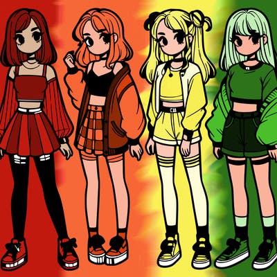 one girl with crop-top shirt and a jacket with a skirt, long socks and another girl with a shirt and pants with a jacket