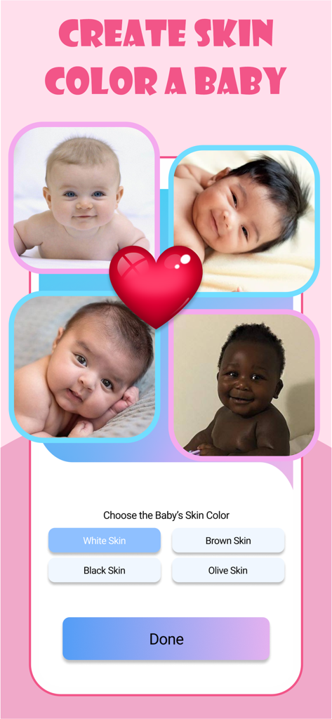 AI Baby Generator: Face Makerㅤ - AI Baby Generator app screen for choosing a baby's skin color with four diverse baby face examples.