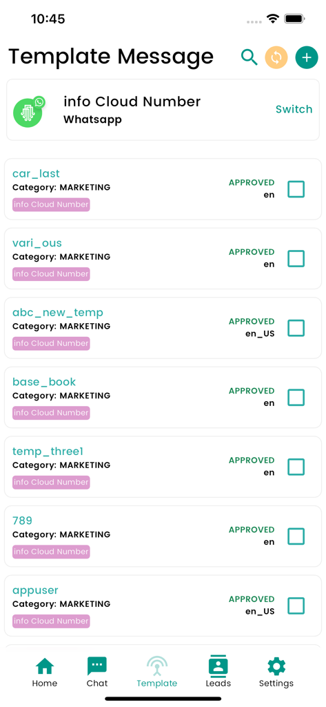 AI-Octopus - A screen in the AI-Octopus app displaying a list of approved WhatsApp marketing message templates.