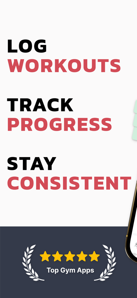 GymNotes: Gym Exercise Notes - Anuncio promocional para GymNotes que muestra sus beneficios clave como el registro de entrenamientos y el seguimiento del progreso con una calificación de cinco estrellas