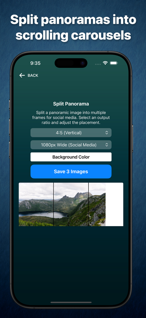 Like A Frame - Interface of the Like A Frame app showing the split panorama feature for creating scrolling social media carousels
