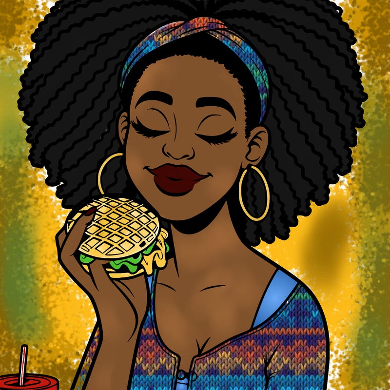 an african american woman eating a waffle burger realistic