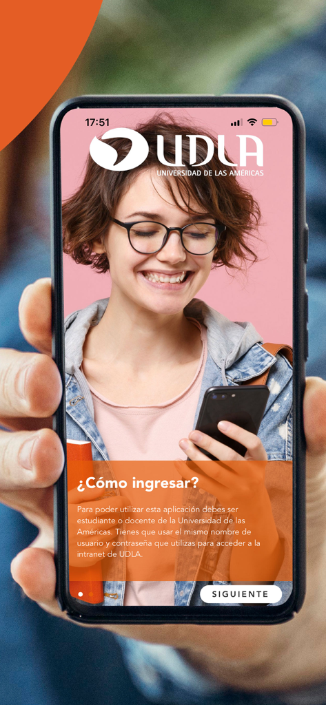 Pantalla de bienvenida de la aplicación móvil Mi UDLA mostrando instrucciones de inicio de sesión para estudiantes y profesores universitarios