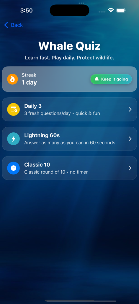 Whale Tracker - Whale Quiz menu screen in the Whale Tracker app showing daily questions and game modes.