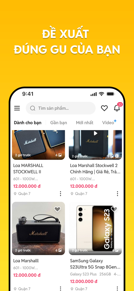 Interfaz de la app móvil Chợ Tốt mostrando listados de productos personalizados para altavoces y smartphones.