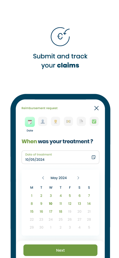 APRIL International Easy Claim - Selecting a treatment date on the APRIL International Easy Claim app calendar.