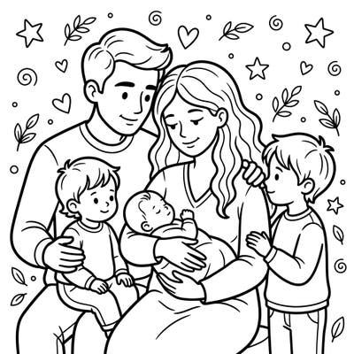 Embrace the tender moments of a growing family with this beautiful newborn family portrait coloring page. A joyful scene perfect for celebrating new arrivals and family bonds.