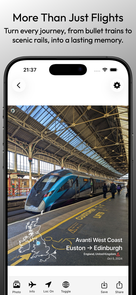 Passage: Mapping Your Moments - Screenshot of Passage app showing a train photo with a route map and journey details overlay