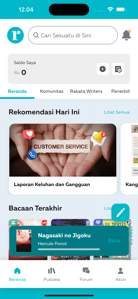 Rakata - Pantalla de inicio de la aplicación de lectura y escritura Rakata que muestra recomendaciones de libros e interfaz de biblioteca