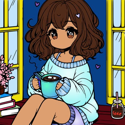 cute anime girl reading book and drinking hot chocolate from mug with loose wavy hair wearing a baggy sweatshirt and shorts sitting by windowsill looking out