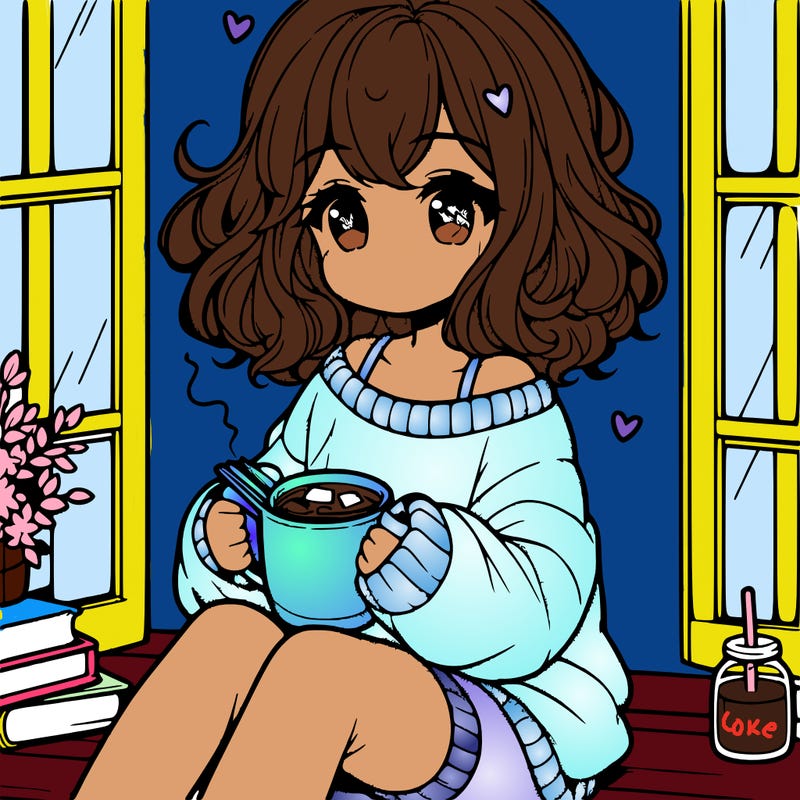 cute anime girl reading book and drinking hot chocolate from mug with loose wavy hair wearing a baggy sweatshirt and shorts sitting by windowsill looking out