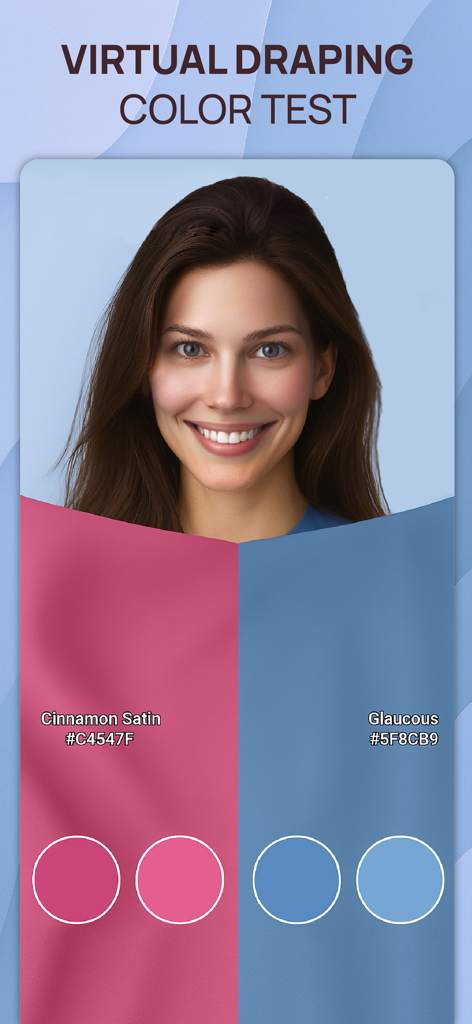 Color Analysis - Dressika - Woman using virtual color draping feature in Dressika app comparing pink and blue shades