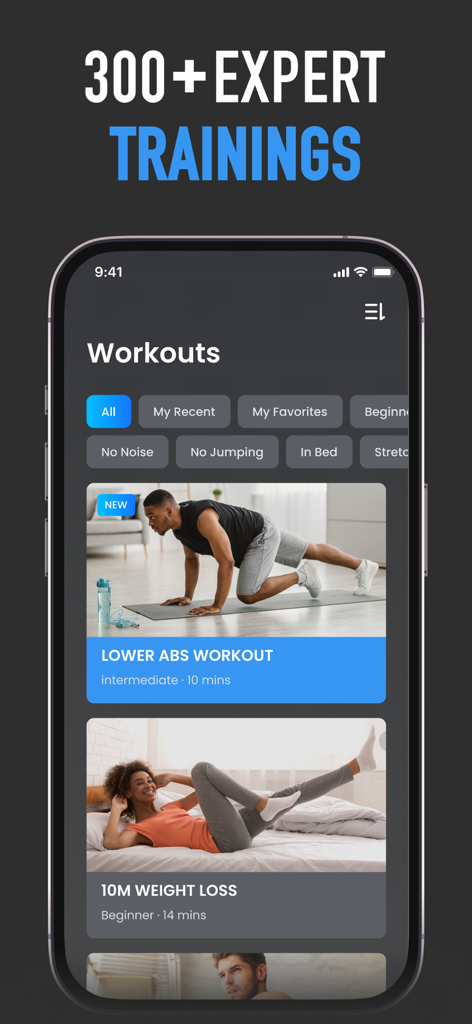 Interface of Six Pack in 30 Days app showing a variety of workout categories and training sessions like lower abs and weight loss