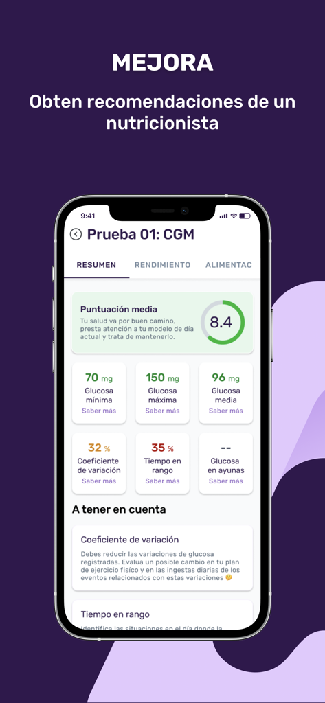 Healz - Panel de la aplicación Healz que muestra métricas de salud metabólica y puntuaciones de datos de glucosa en un iPhone