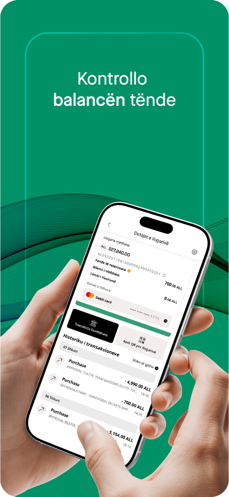 ProCredit Bank Albania - Interfaz de la aplicación móvil de ProCredit Bank Albania que muestra el saldo de la cuenta y las transacciones recientes en un smartphone