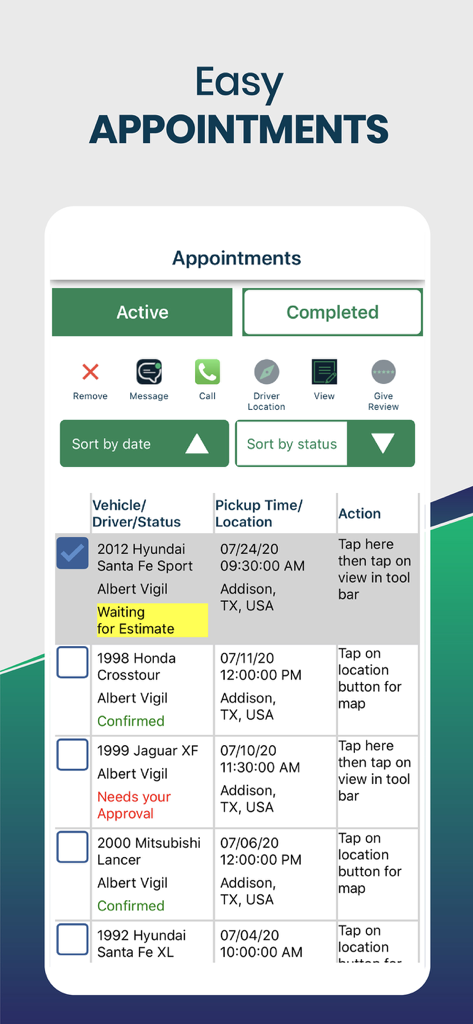 Interfaz de la aplicación móvil que muestra una lista de citas de reparación de automóviles activas con detalles del vehículo y actualizaciones de estado