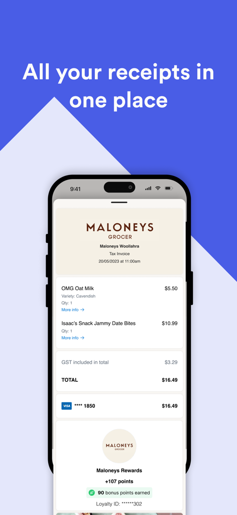 Go Rewards - Loyalty, Receipts - 購入したロイヤルティポイントと食料品のデジタルレシートを表示するGo Rewardsアプリ画面。
