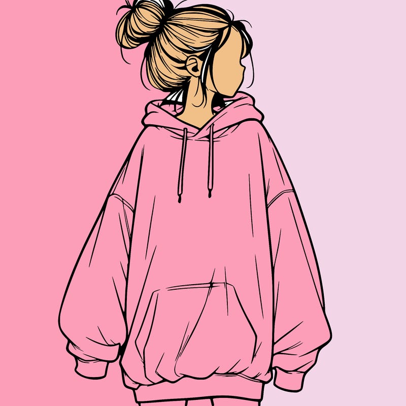 realistic girl with a oversized sweatshirt on and a bun
