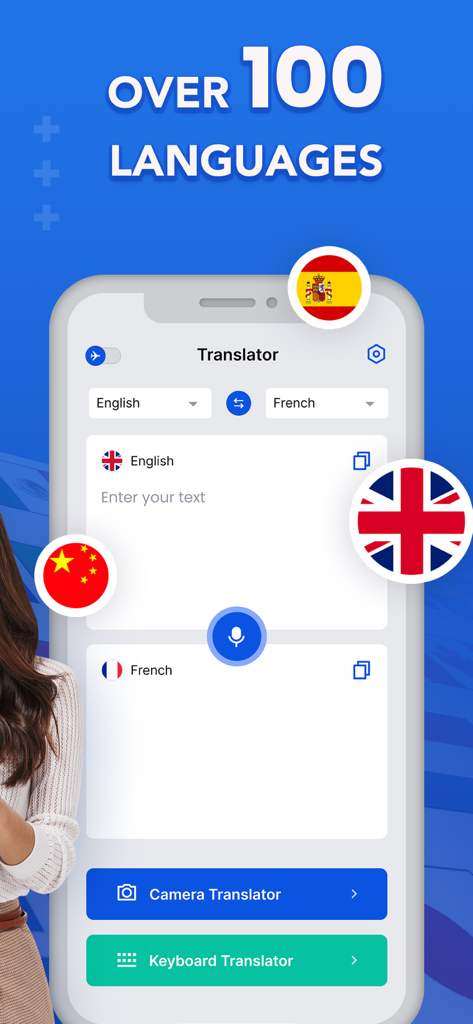 Translator - Voice & Text - Mobile Benutzeroberfläche der Übersetzungs-App, die Textübersetzung zwischen Englisch und Französisch mit über 100 unterstützten Sprachen zeigt