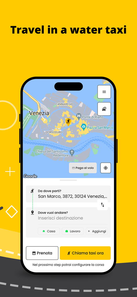 appTaxi - Book and Pay Taxis - appTaxi mobile Benutzeroberfläche mit einer Karte von Venedig und Optionen zur Buchung eines Wassertaxis