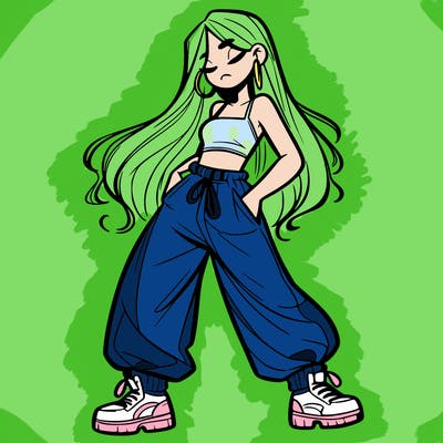 girl in baggy pants crop top and long hair