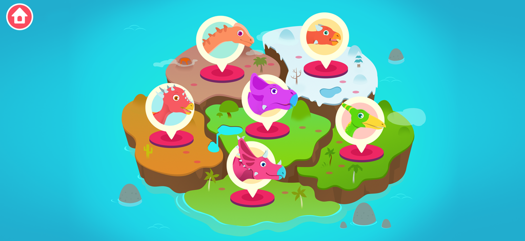 さまざまなバイオームにわたる異なる恐竜キャラクターと救出ミッションが描かれた、カラフルな漫画風の世界地図