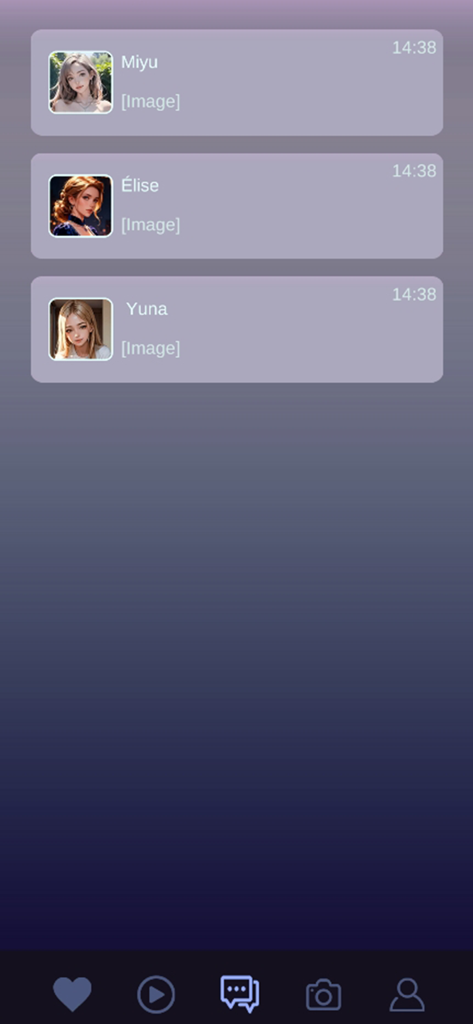 Byte Beauty - 바이트 뷰티 앱에서 Miyu, Elise, Yuna라는 세 명의 AI 여자친구 캐릭터를 보여주는 메뉴