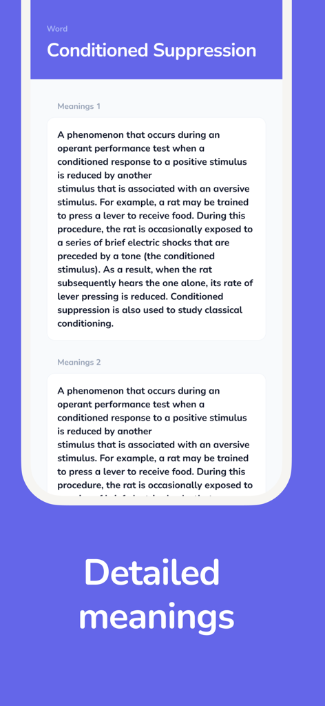 Psychology Dictionary - Captura de pantalla de la aplicación Diccionario de Psicología mostrando definiciones clínicas detalladas para el término Supresión Condicionada.