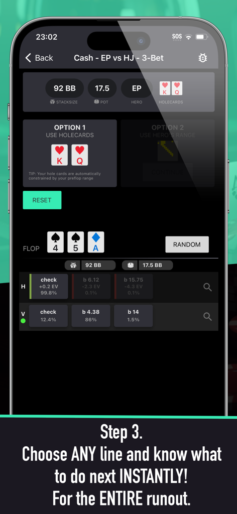 Aplicativo móvel Poker Solver plus mostrando estratégia GTO e frequências para uma mão de cash game