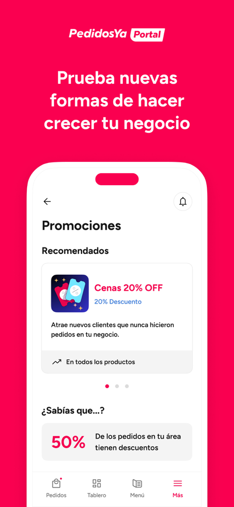 PedidosYa Portal - Interfaz de la aplicación PedidosYa Portal que muestra herramientas de marketing y opciones de promoción de restaurantes