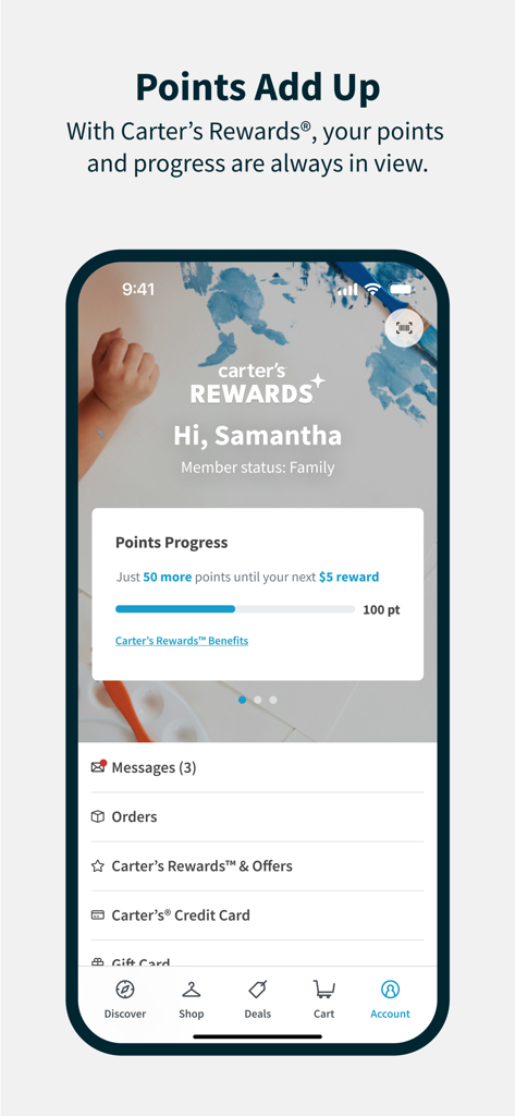 Carter's app account screen displaying member rewards points progress and loyalty status.