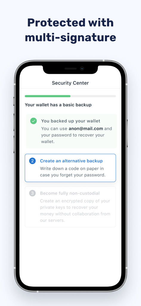 Muun Wallet Security Center screen showing multi-signature protection and various wallet backup options for enhanced security.