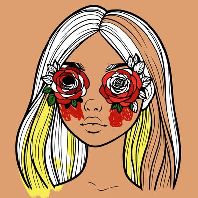 a realistic girl with roses for eyes