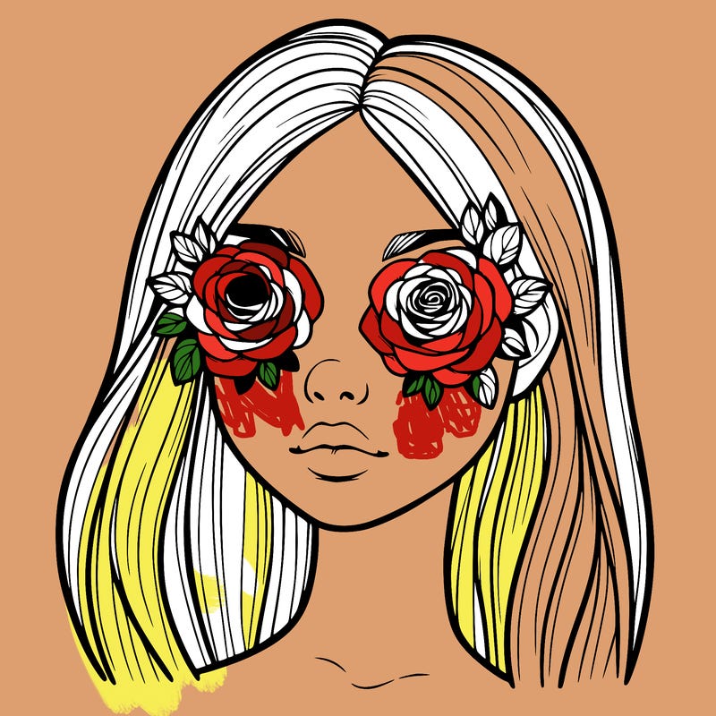a realistic girl with roses for eyes