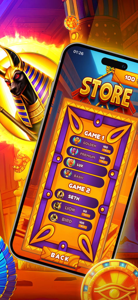 Ancient Spike Assault! - In-game store menu for Ancient Spike Assault displaying Egyptian themed character skins and upgrade options for two game modes.