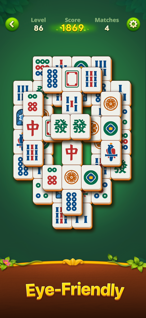 Classic mahjong solitaire board with clear tiles and eye friendly design
