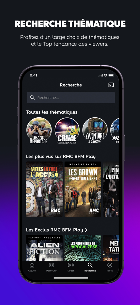 RMC BFM Play–Direct TV, Replay - Interface de recherche RMC BFM Play présentant des catégories thématiques et des documentaires tendance.