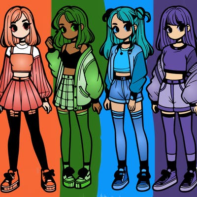 one girl with crop-top shirt and a jacket with a skirt, long socks and another girl with a shirt and pants with a jacket