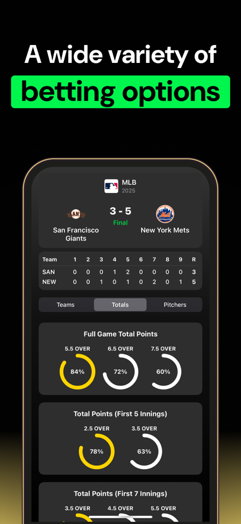 WinAI App-Oberfläche mit MLB-Spielergebnissen und vorausschauenden Wettstatistiken für Gesamtpunkte