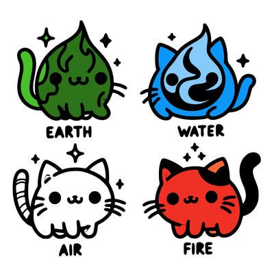 4 cats that represent the different elements, earth, water, air, and fire