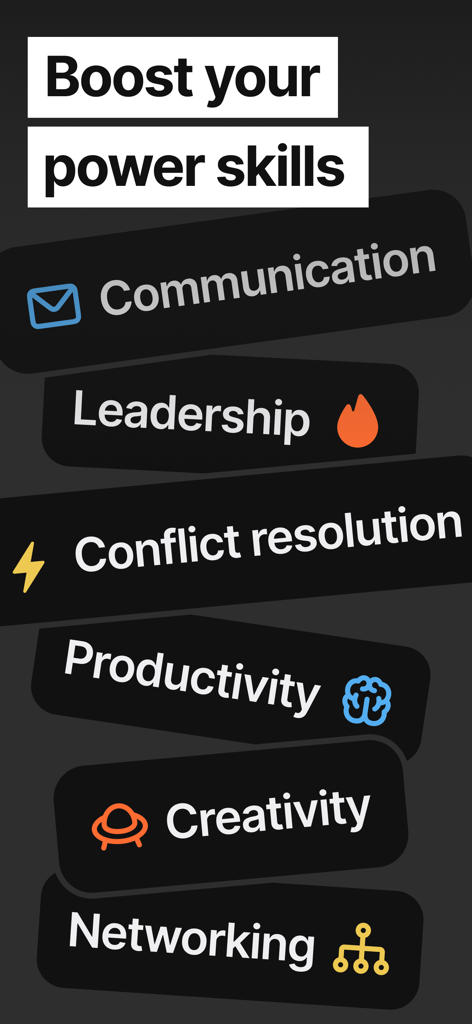 Skillsta: Social skill trainer - A list of training modules in the Skillsta app including Communication, Leadership, and Conflict resolution