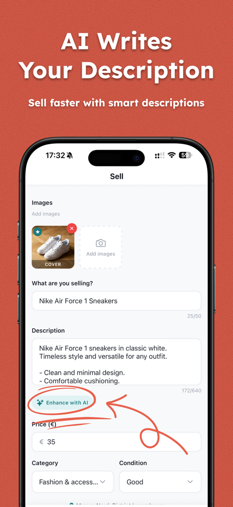 Interfaz de la aplicación Fliply que muestra la función Mejorar con IA para escribir descripciones de productos en la pantalla de venta