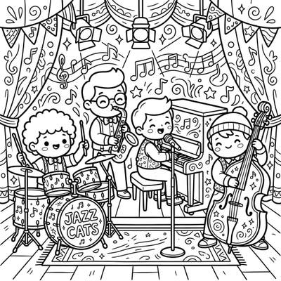 Unleash your creativity with this delightful Kawaii Jazz Musicians coloring page, bringing a symphony of cuteness to your fingertips. Join this adorable band as they perform a lively concert, ready for you to add your unique splash of color.