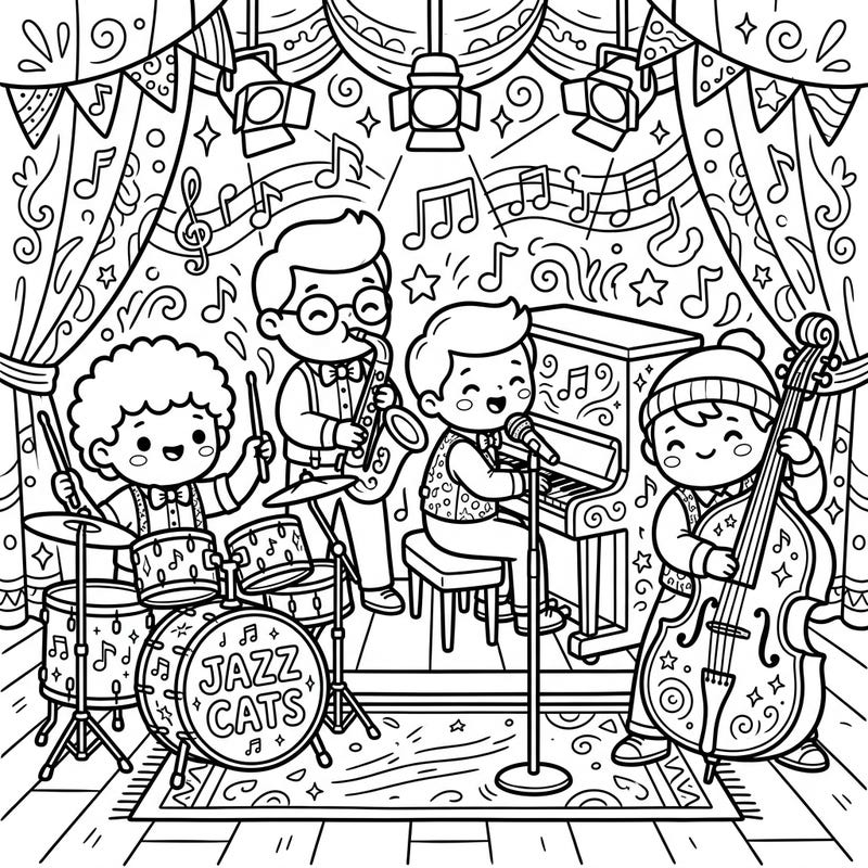 Unleash your creativity with this delightful Kawaii Jazz Musicians coloring page, bringing a symphony of cuteness to your fingertips. Join this adorable band as they perform a lively concert, ready for you to add your unique splash of color.