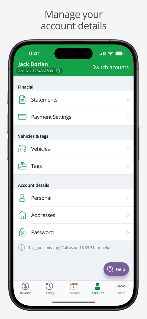 The account management screen of the Linkt app showing financial details, vehicle settings, and personal information options.
