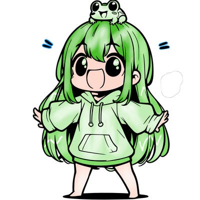 a excited chibi girl whith long hair and a baggy shirt whith a frog on there head