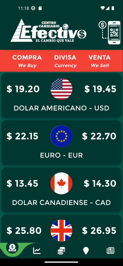 Centro Cambiario Meritrade - Mobile app screen showing current buy and sell exchange rates for USD EUR and CAD from Centro Cambiario Meritrade