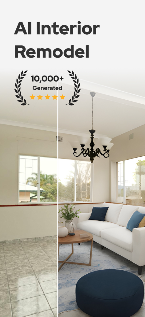 AI Interior Design-Home Decor - A before and after comparison of a living room renovation using AI interior design software showing an empty room transformed into a modern furnished space.