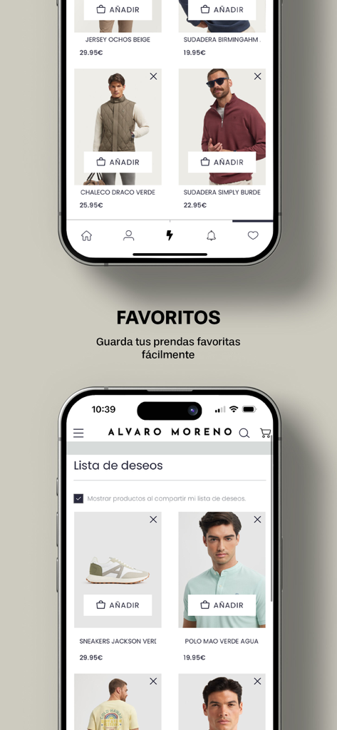 Alvaro Moreno - Interface of the Alvaro Moreno menswear app showing the favorites and wishlist feature with various clothing items.