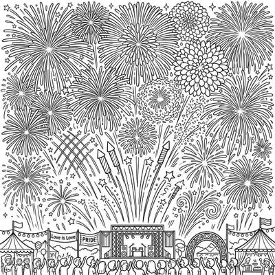 Experience the thrill of a vibrant celebration with this detailed festival pyrotechnics coloring page. The sky explodes with dazzling fireworks above a cheering crowd and festive Pride flags, inviting you to add a burst of color to this joyous scene.